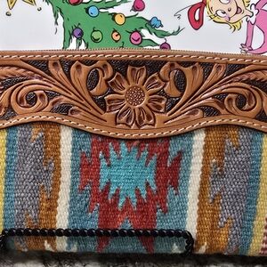 American Darling Multicolor Woven Clutch with Tooled Leather Accent